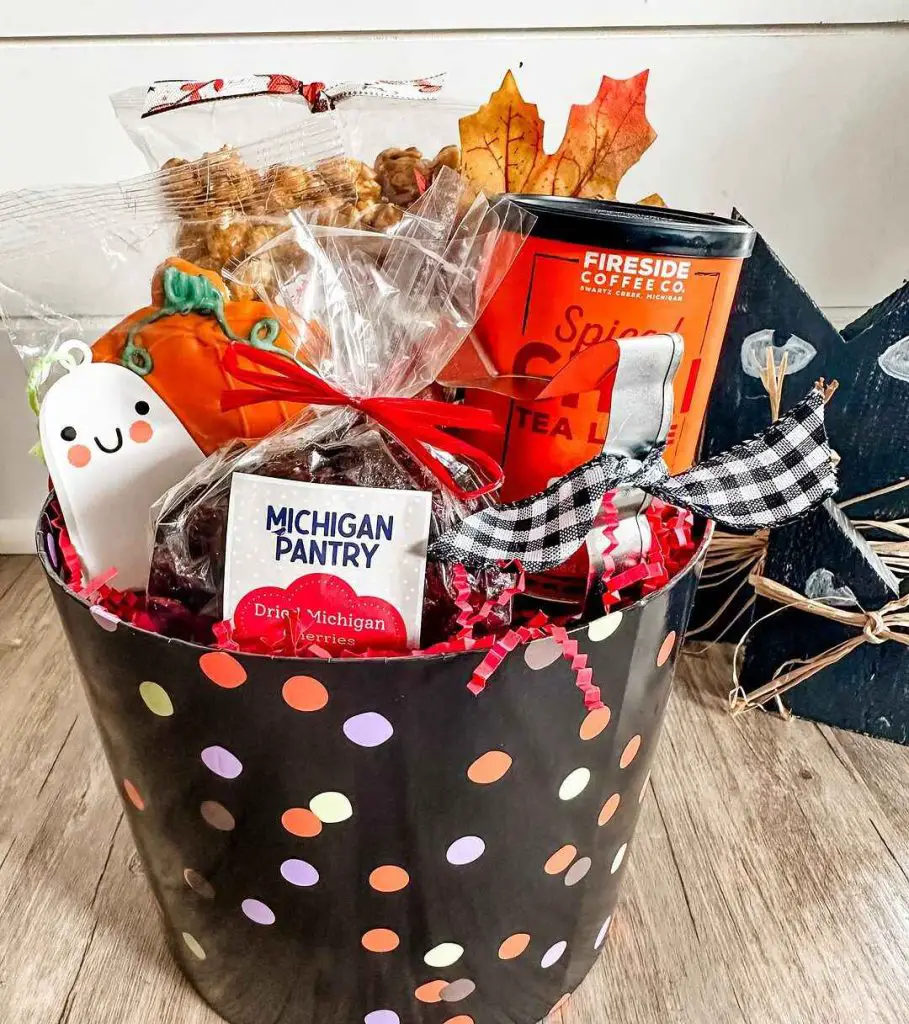 Fall-themed gift basket with Michigan treats and decorations.
