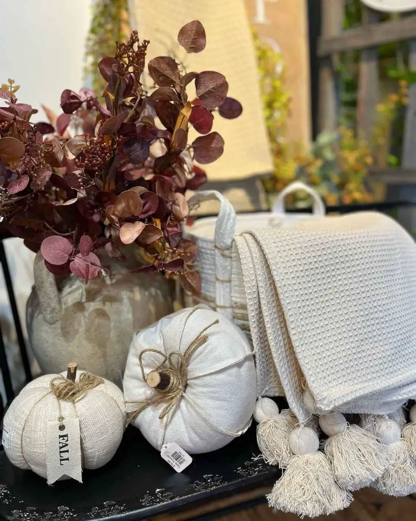 Burgundy foliage with cream pumpkins and throw blanket