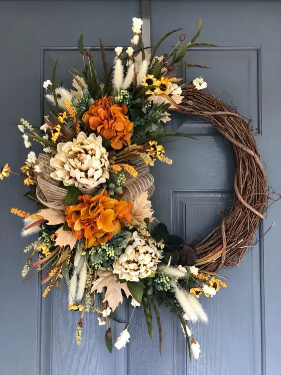 Rustic autumn wreath with orange hydrangeas