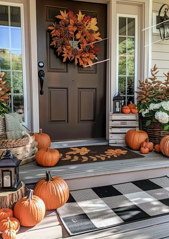 Festive fall porch with pumpkins and wreath