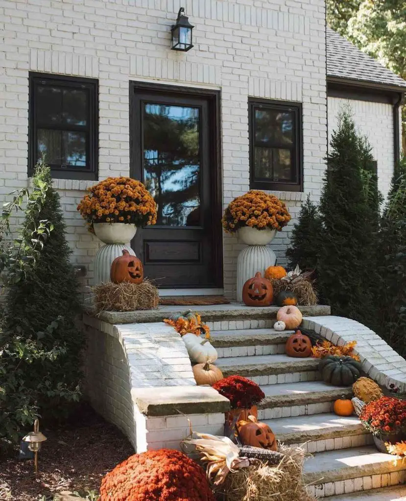 White brick house entrance decorated with pumpkins mums and fall decor