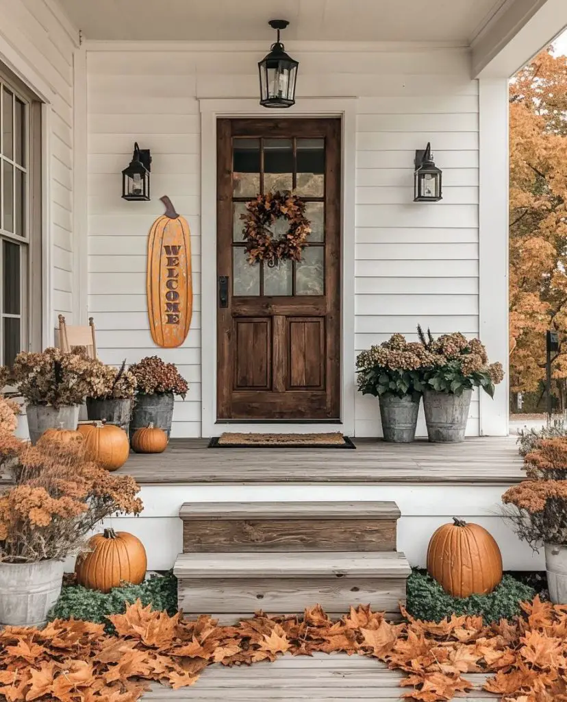 Rustic farmhouse porch decorated with pumpkins and fall foliage.