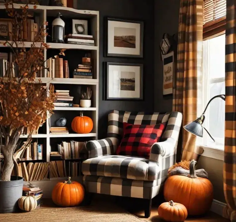 Cozy reading nook with buffalo check chair and fall decor