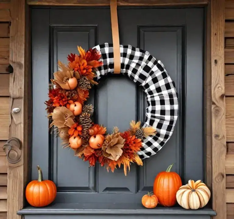 Fall wreath with buffalo check and pumpkins on door