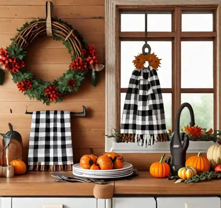 Fall kitchen decor with buffalo check and pumpkins