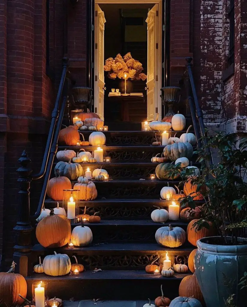 Candlelit staircase adorned with pumpkins leading to open door