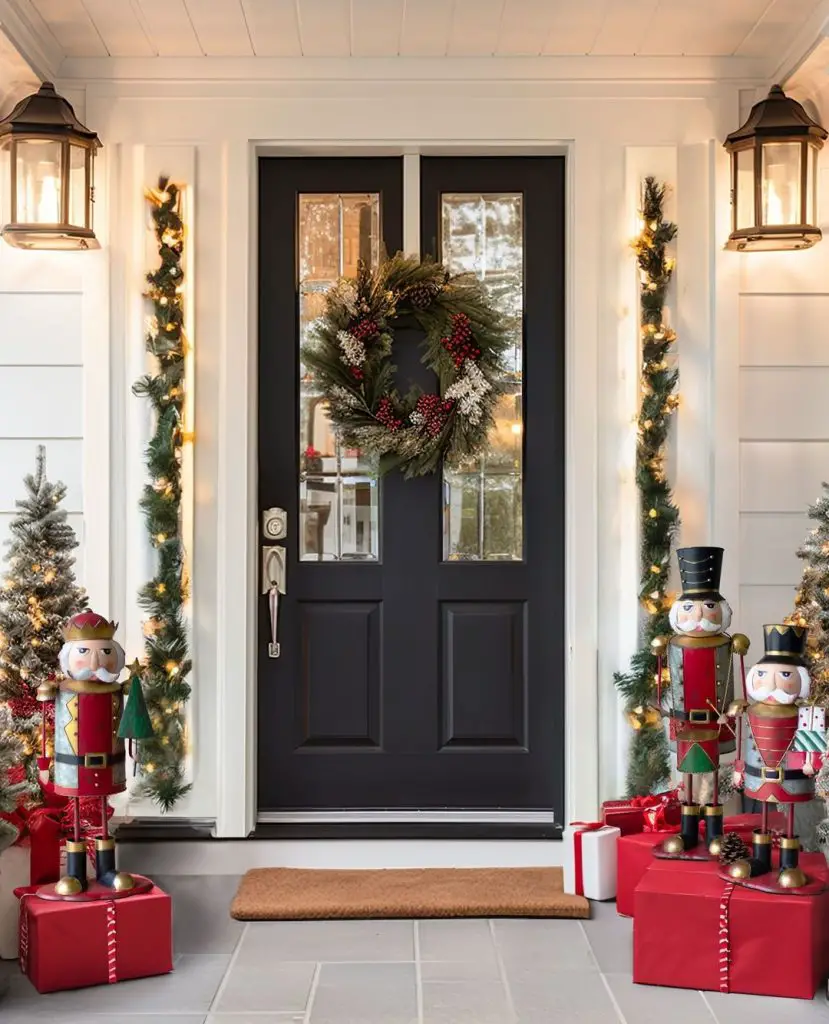 Festive porch with nutcrackers and wreath