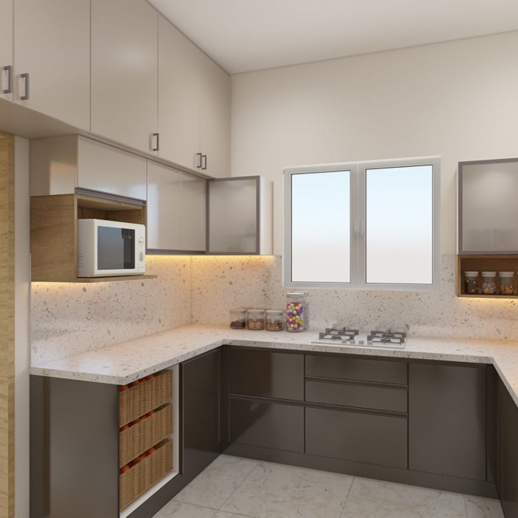 Modern kitchen features grey cabinets and white quartz counters in a small coastal-style space.