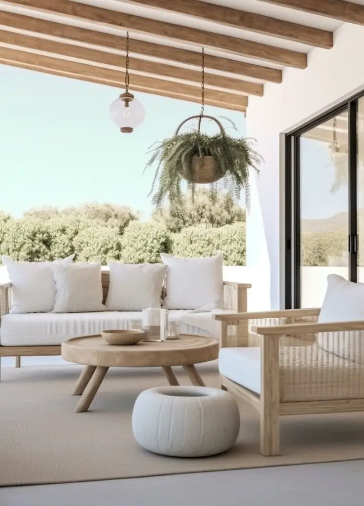 Covered patio with wicker furniture, fireplace, and rattan pendant light
