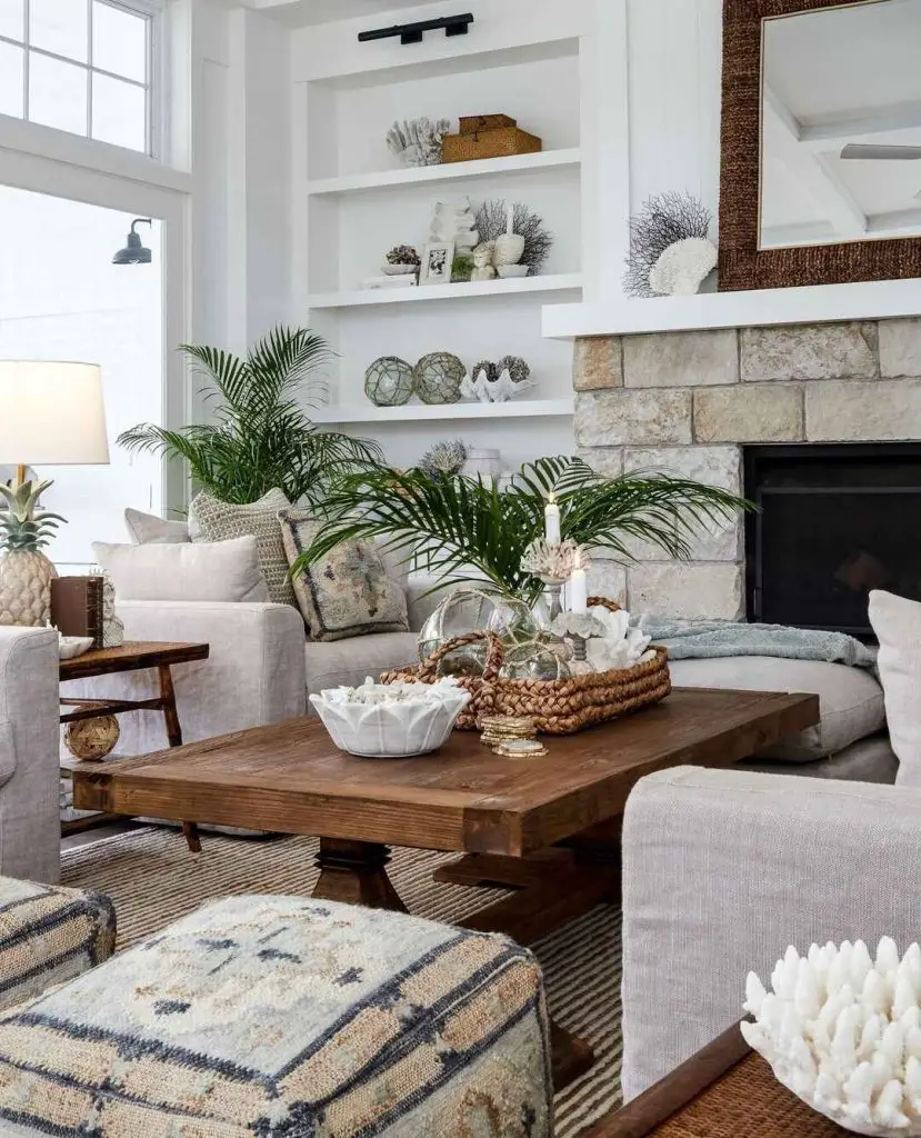 Coastal-inspired living room with decorated coffee table
