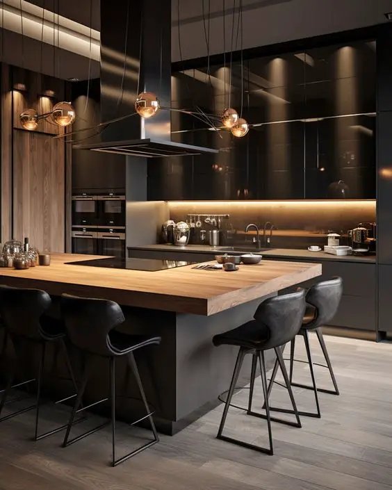 Modern dark kitchen with wooden island