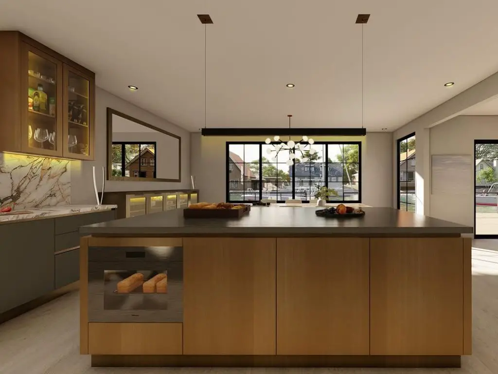 Modern wood kitchen with island and windows
