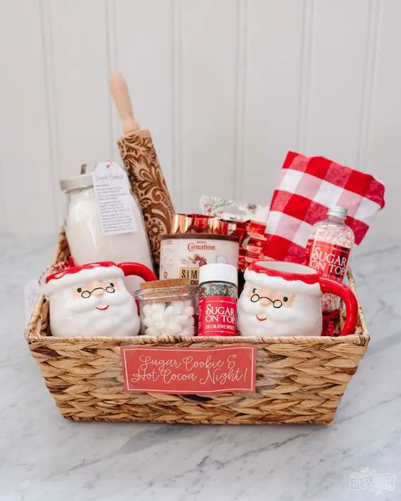 Wicker basket filled with baking supplies and Christmas-themed items