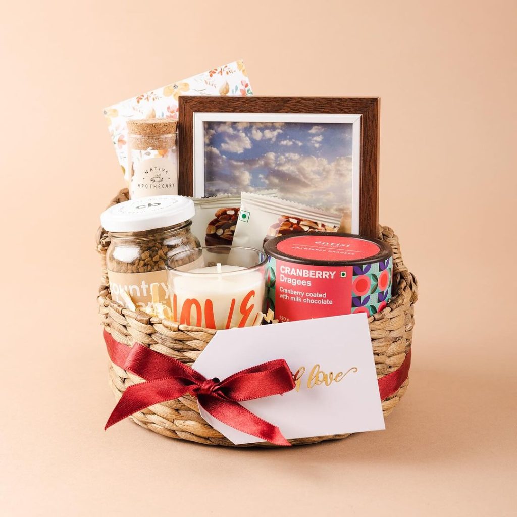 Wicker basket filled with treats photo frame and card