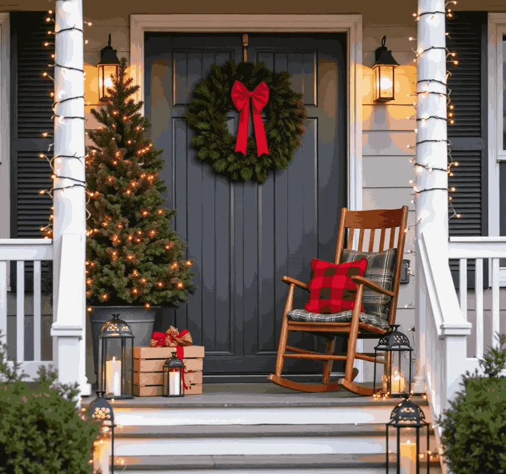 Festive porch with wreath lit tree and rocking chair