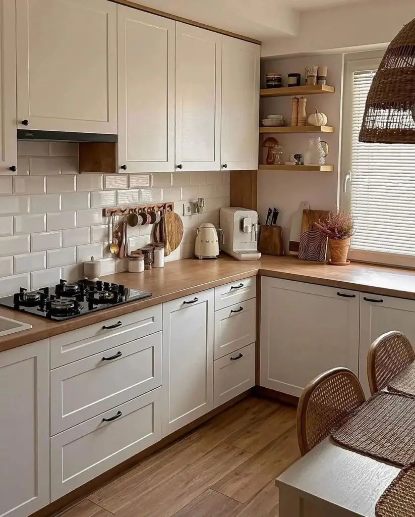 Cream kitchen with wooden countertops and cottage-style details