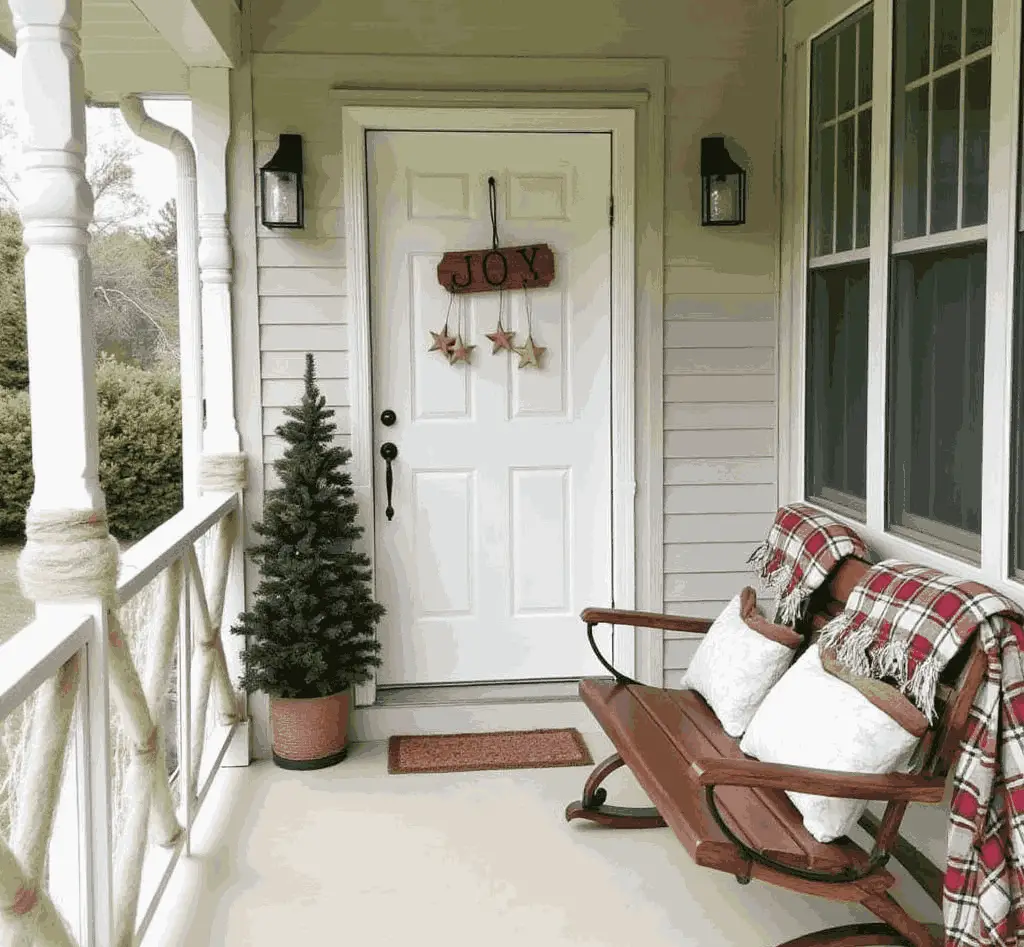 Farmhouse porch with JOY sign small tree and rocking chair