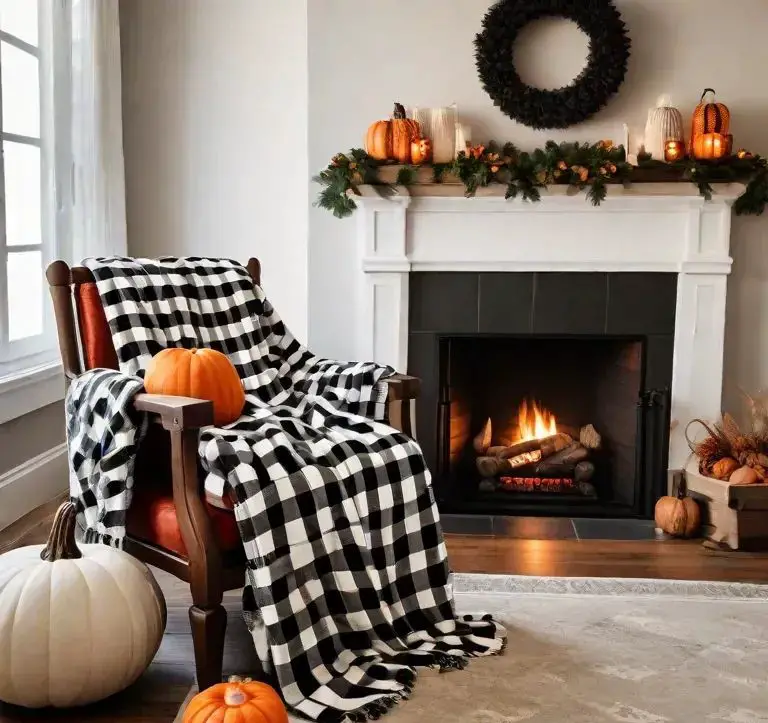 Fireplace with fall decor and buffalo check chair