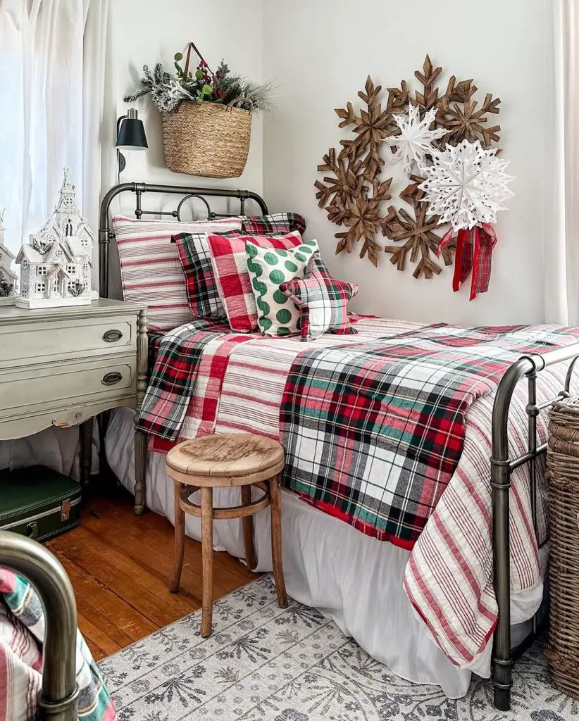 Festive bedroom with plaid bedding and holiday decor