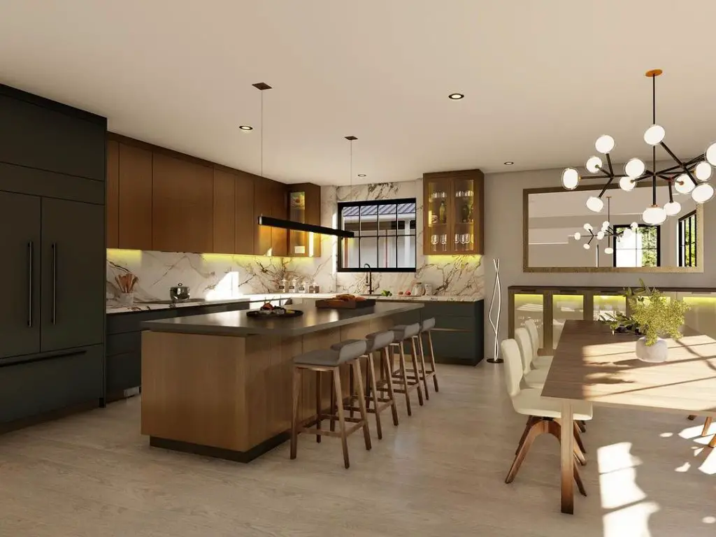 Luxurious open-concept kitchen with wood island and modern lighting