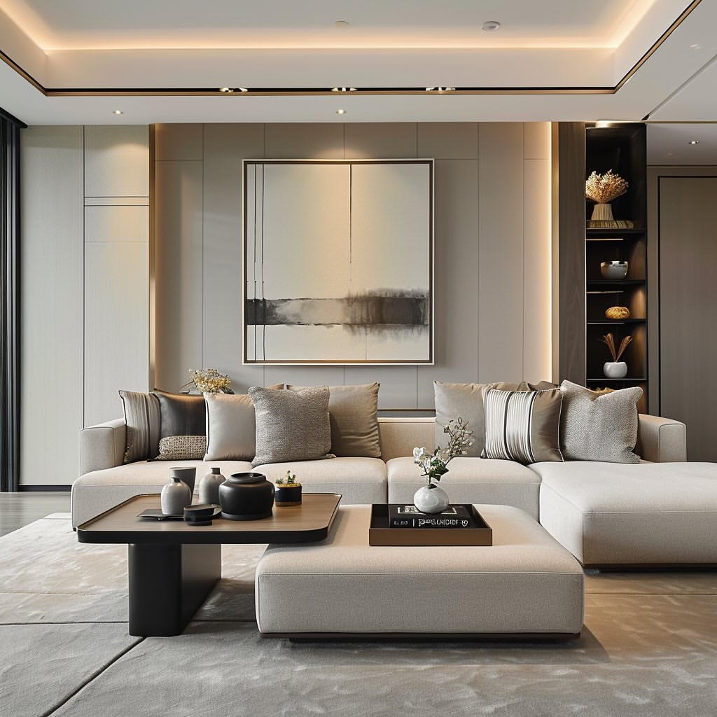 Modern living room with styled coffee table