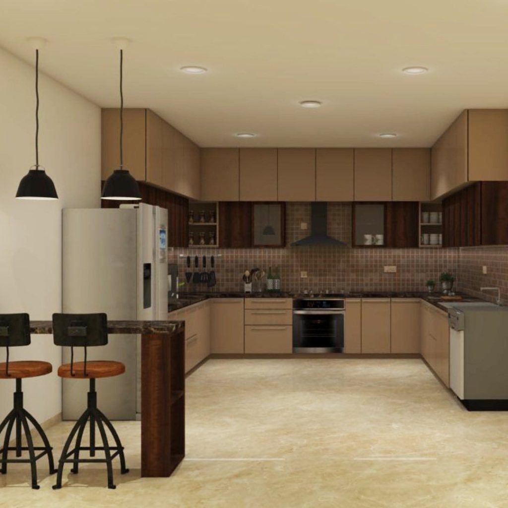 Spacious U-shaped kitchen with warm wood tones and modern accents