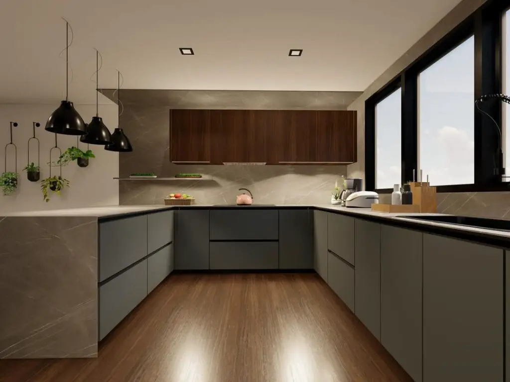 Modern kitchen with gray cabinets, wood accents, and hanging plants