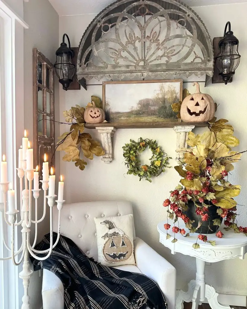 Cozy corner decorated with vintage Halloween decor and autumn accents