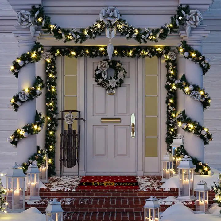 Illuminated Christmas porch with garlands and lanterns