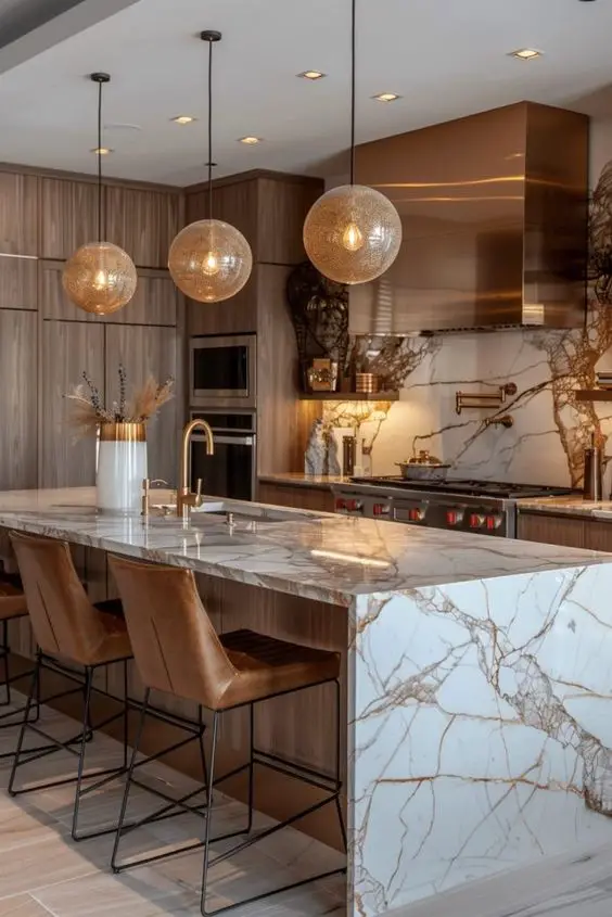 Modern luxury kitchen with marble and wood