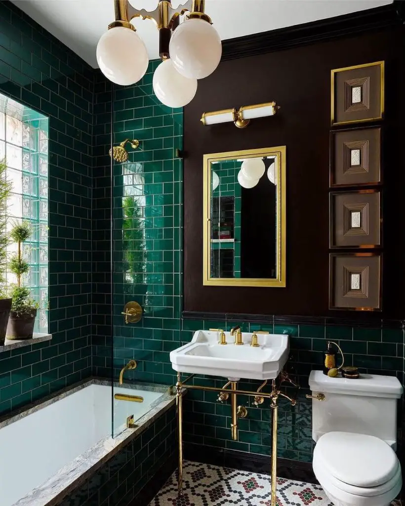 Luxurious green and gold bathroom with Art Deco elements