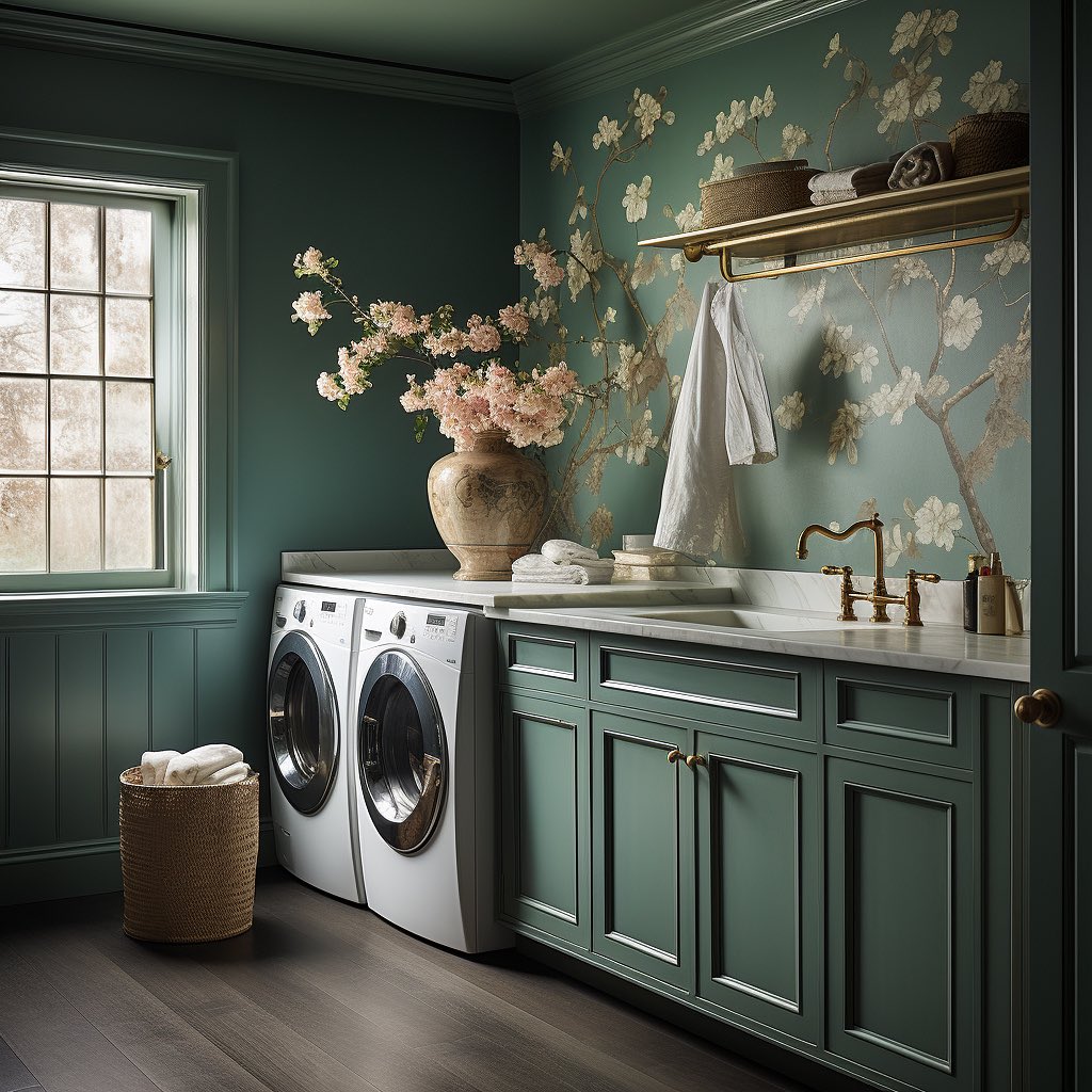 Green laundry room with cherry blossom wallpaper
