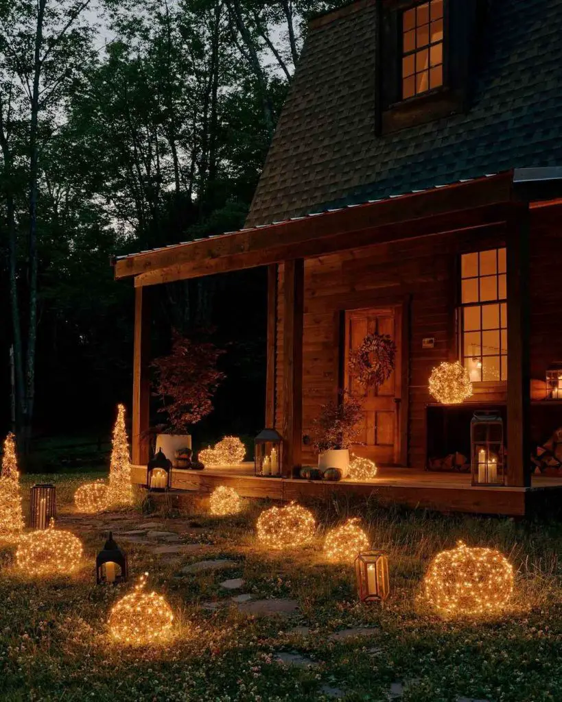 Illuminated cabin with glowing orb decorations