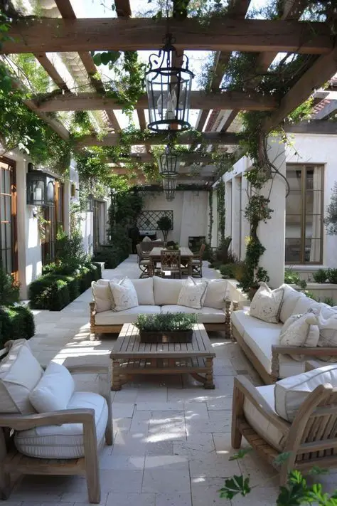 Courtyard with white furniture under vine-covered wooden pergola
