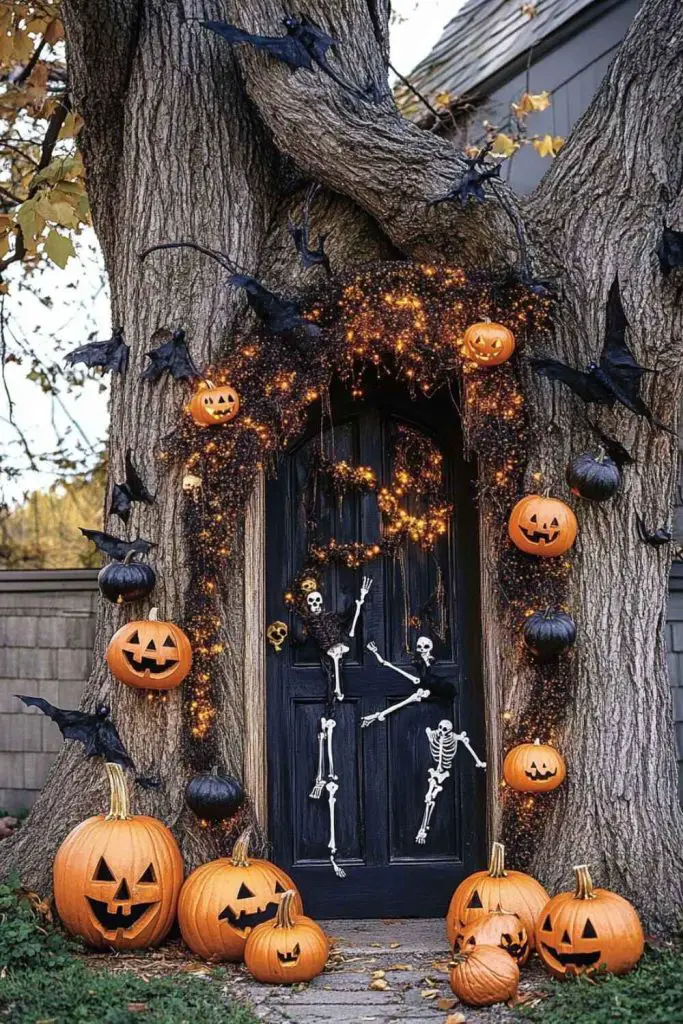 Spooky tree doorway decorated with glowing pumpkins skeletons bats and fairy lights