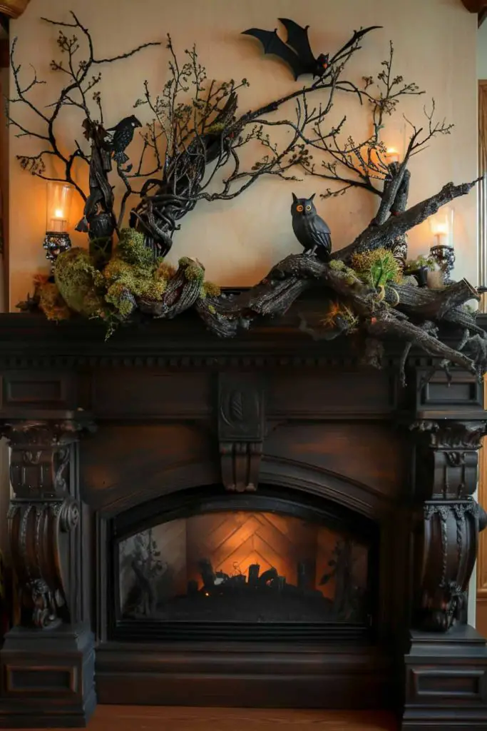 Spooky Halloween mantel with branches owl bat and candles