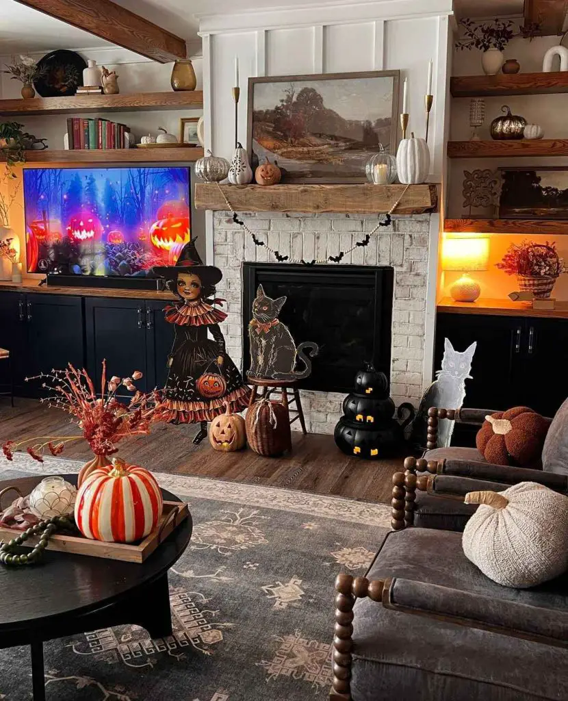 Halloween-themed living room with witch decorations and glowing TV.