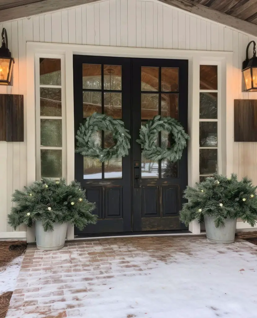 Black doors with wreaths and potted evergreens