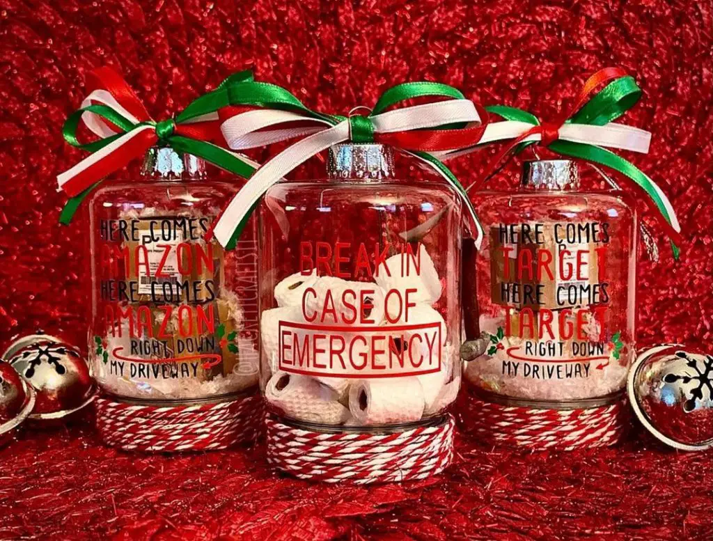 Humorous Christmas ornaments depicting delivery-themed messages and toilet paper emergency.