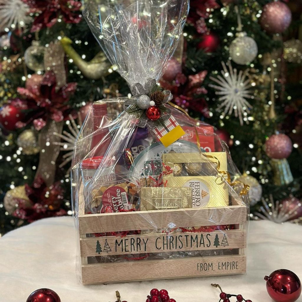 Wooden crate Christmas gift basket with treats