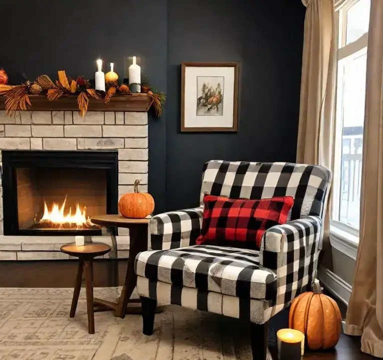 Cozy fireplace corner with buffalo check chair and pumpkins