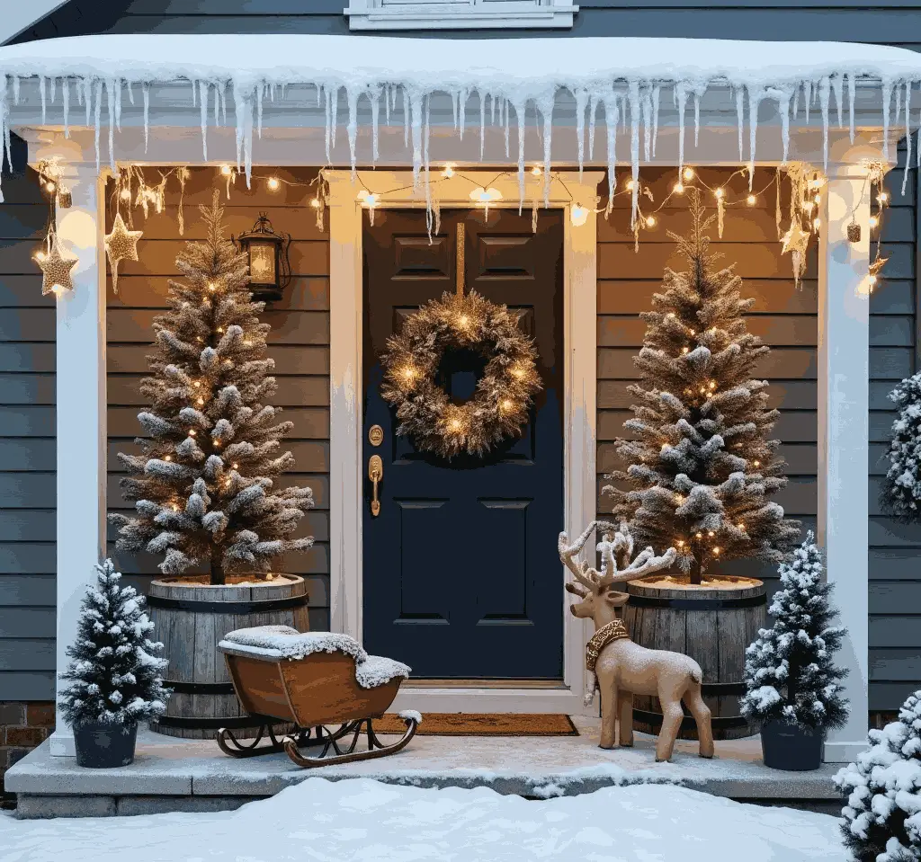 Snowy porch with trees wreath lights and reindeer
