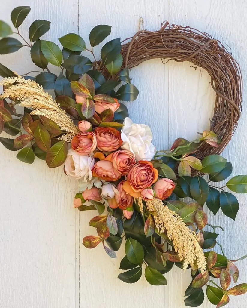 Halloween wreath with skeleton ghost and colorful flowers
