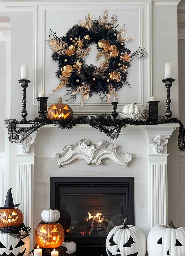 Elegant Halloween mantel with black-gold wreath and carved pumpkins