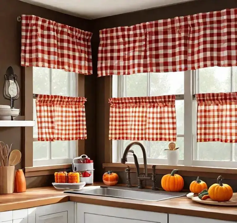 Kitchen with red gingham curtains and pumpkin decor