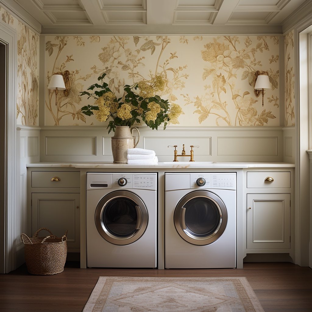 Elegant laundry room with gold floral wallpaper