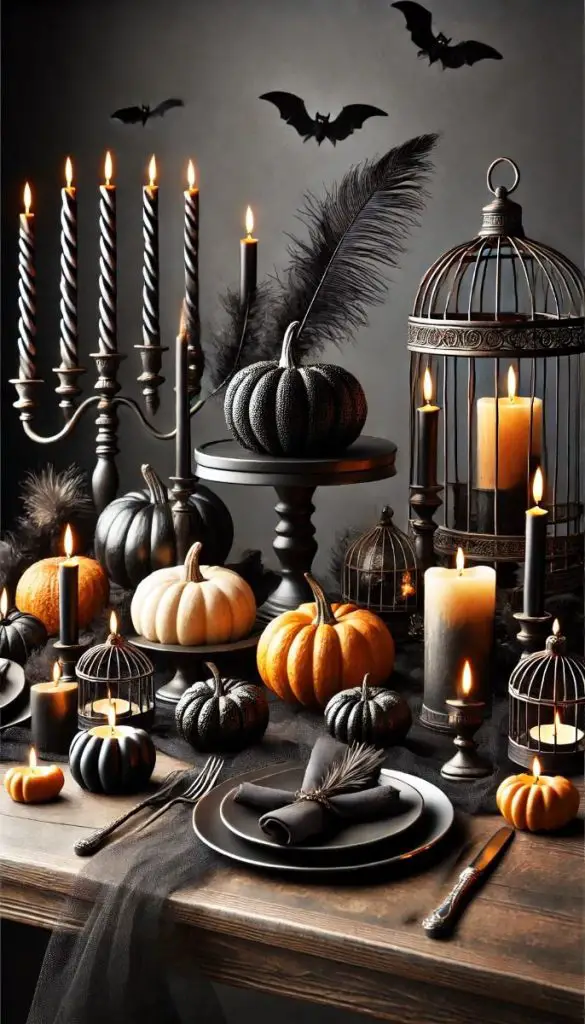 Elegant Halloween table with black and orange pumpkins candles and birdcages