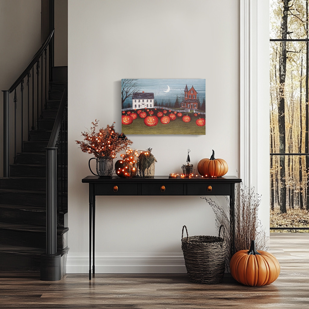 Elegant Halloween entryway with pumpkins and lights.