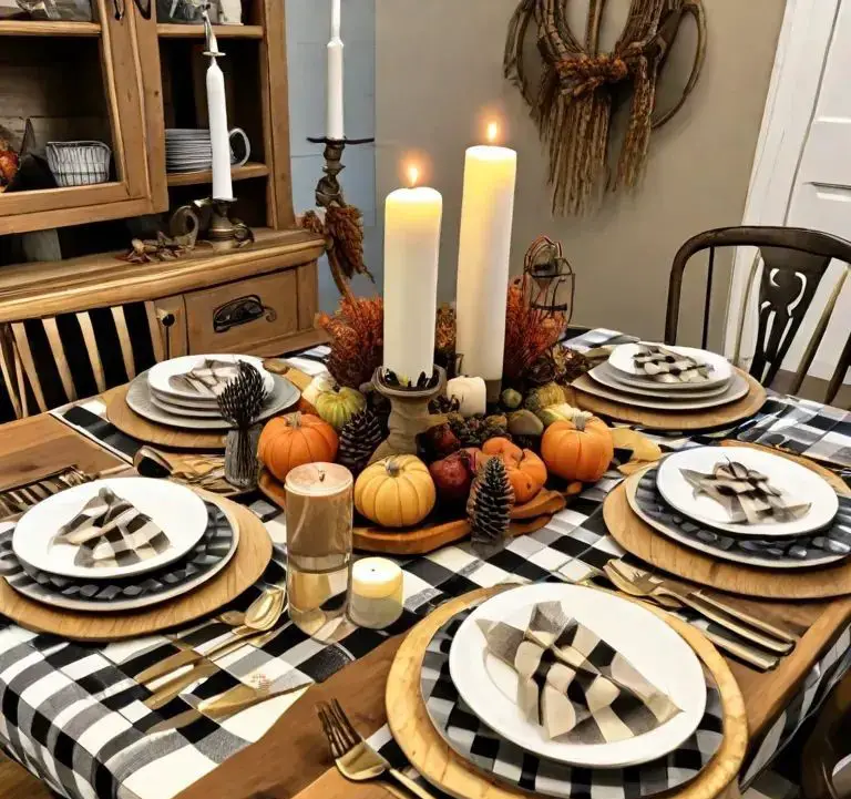 Buffalo check fall table setting with candle centerpiece