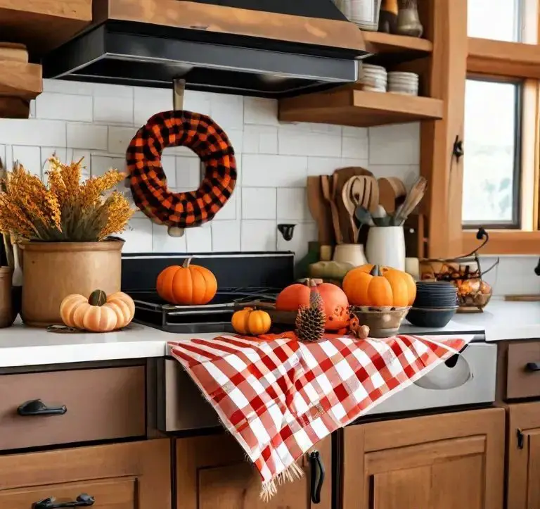 Cozy fall kitchen with buffalo check accents and pumpkins